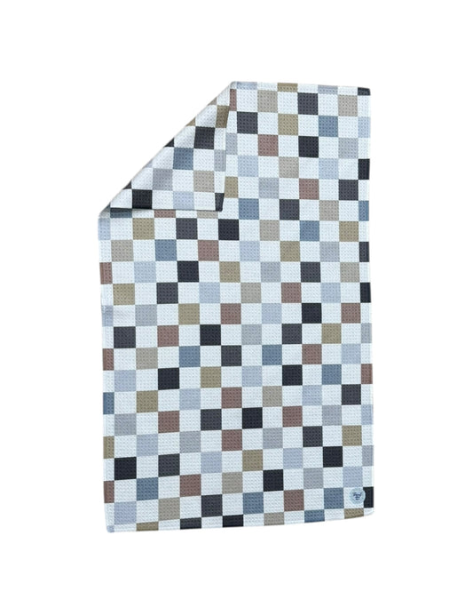 Checkered TOWEL with a pattern of small squares in various colors on a white background