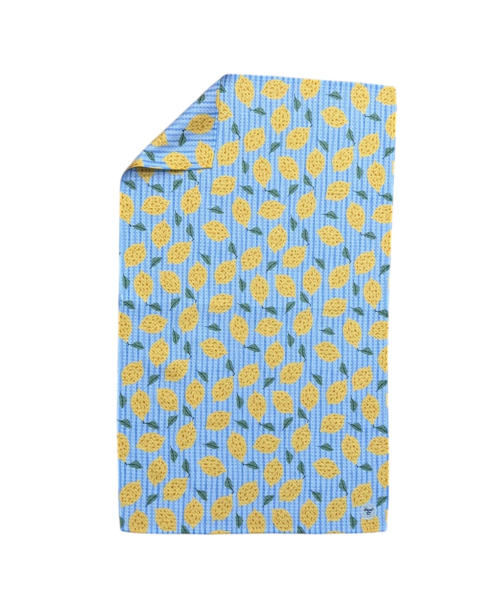 LEMON TOWEL pattern on a blue STRIPED BACKGROUND