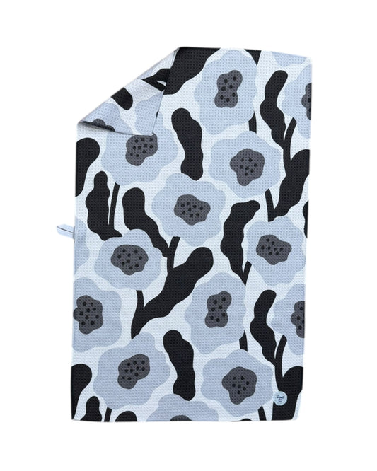 TOWEL with black and gray abstract pattern on a white background
