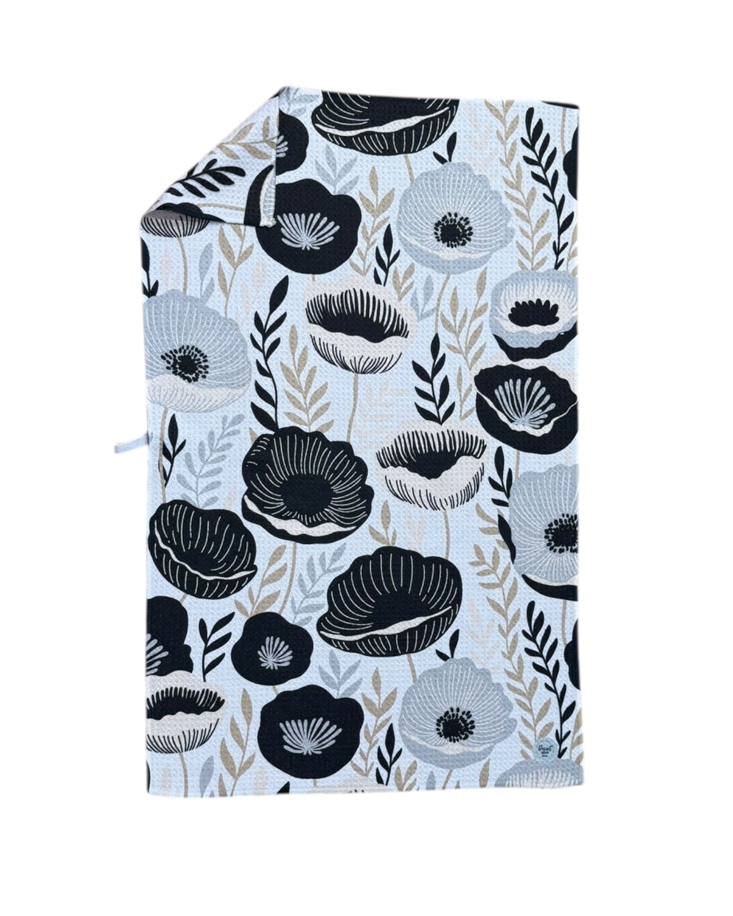 Floral patterned TOWEL with black and gray flowers on a white background