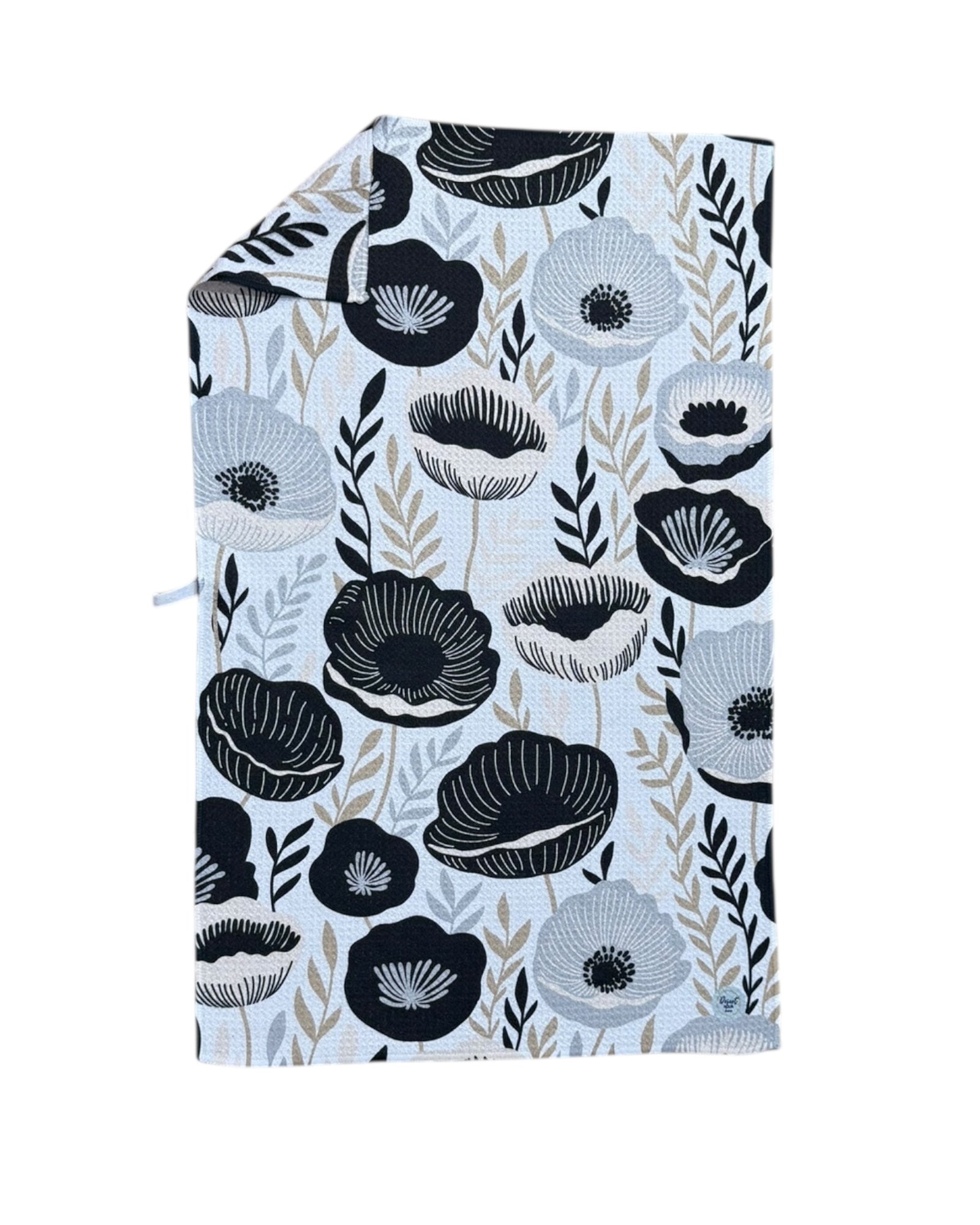 Floral patterned TOWEL with black and gray flowers on a white background