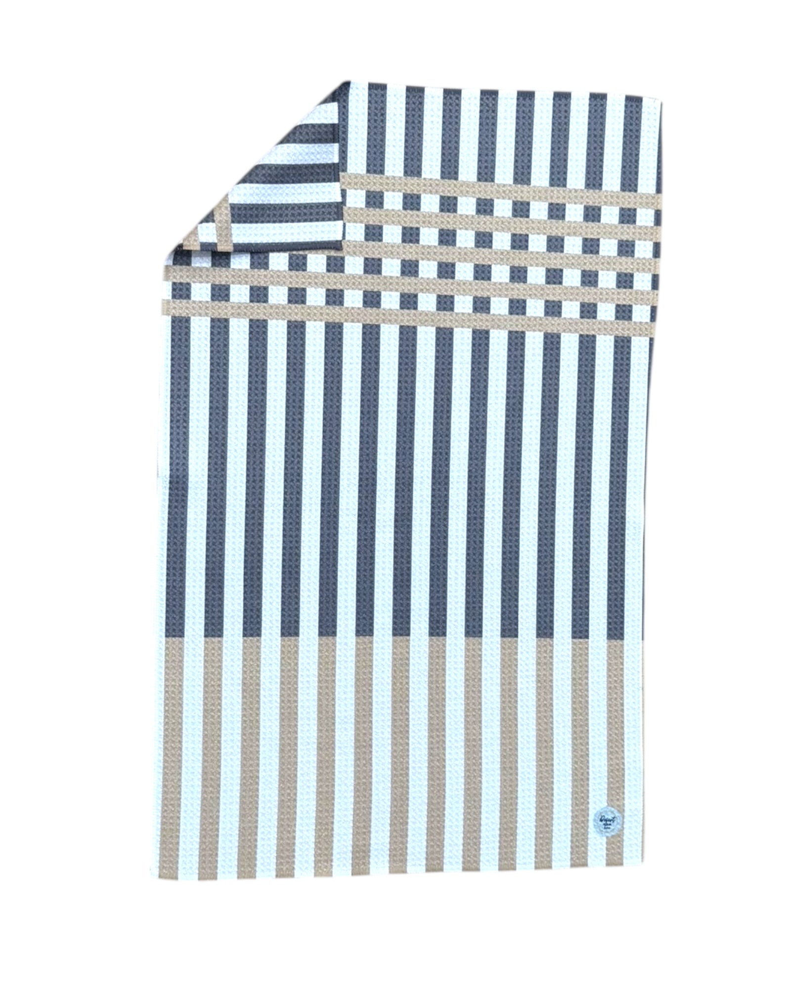GRAY and white striped TOWEL with beige accents on a white background