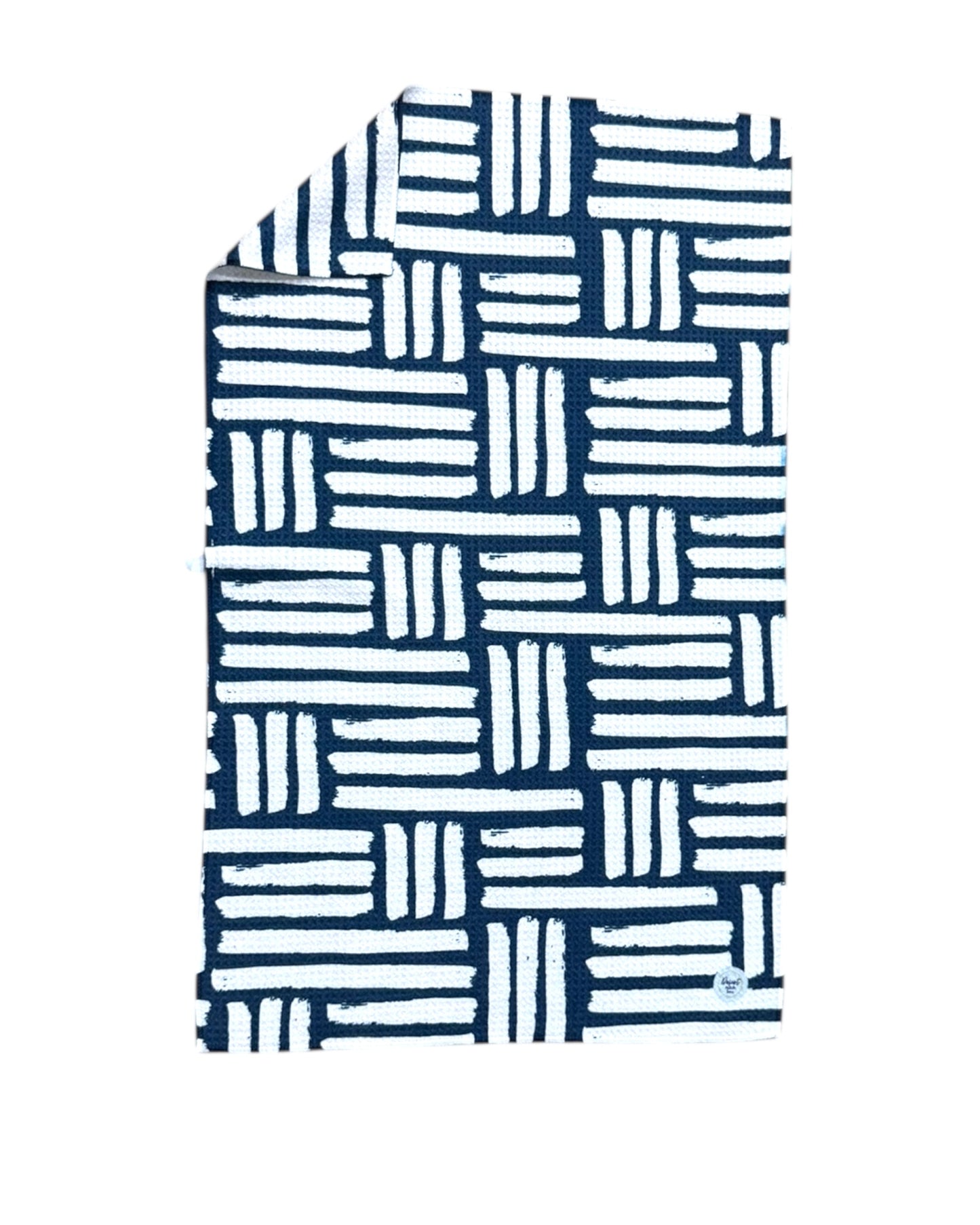 Textile with blue and white geometric pattern on a white background