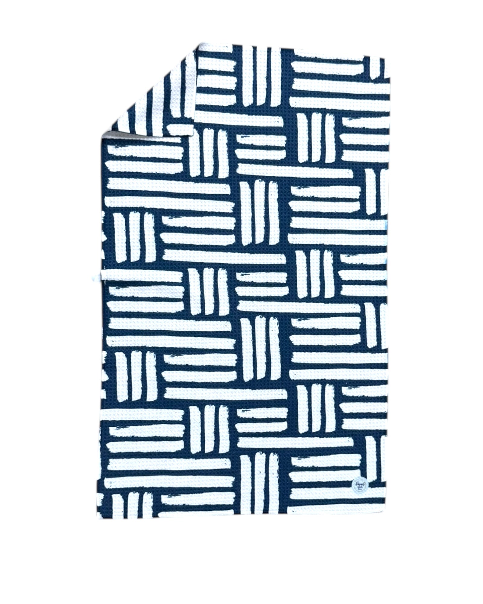 Textile with blue and white geometric pattern on a white background