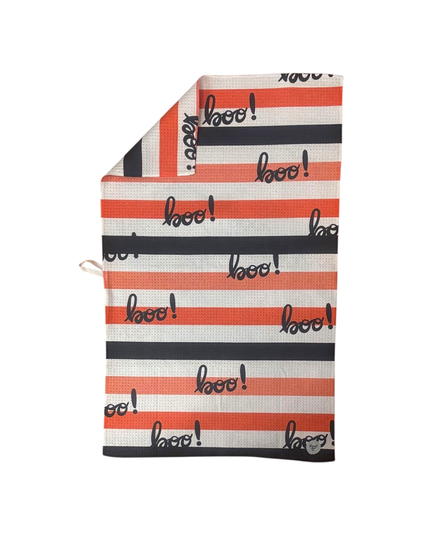 Striped towel with 'boo!' text pattern on a white background