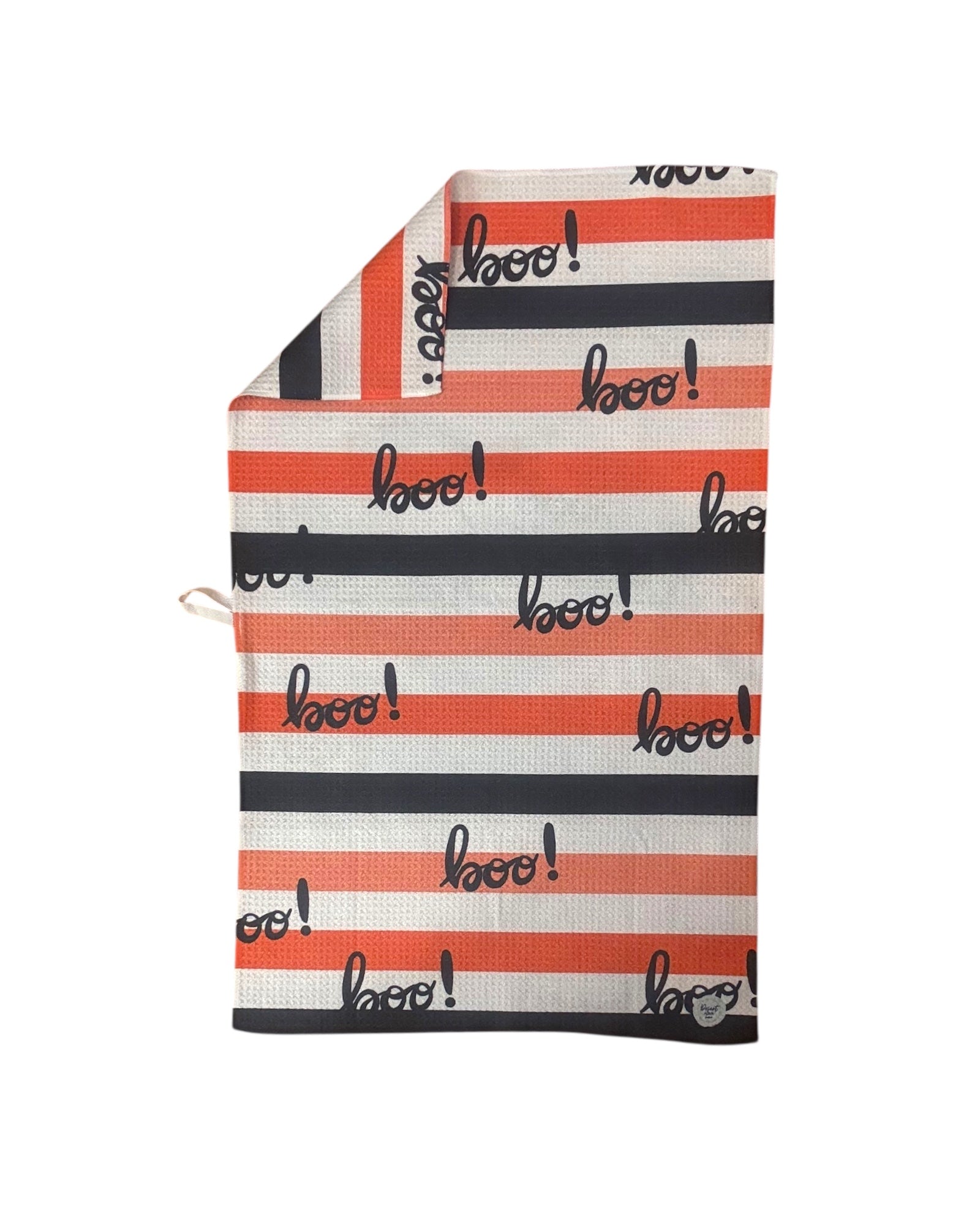 Striped towel with 'boo!' text pattern on a white background
