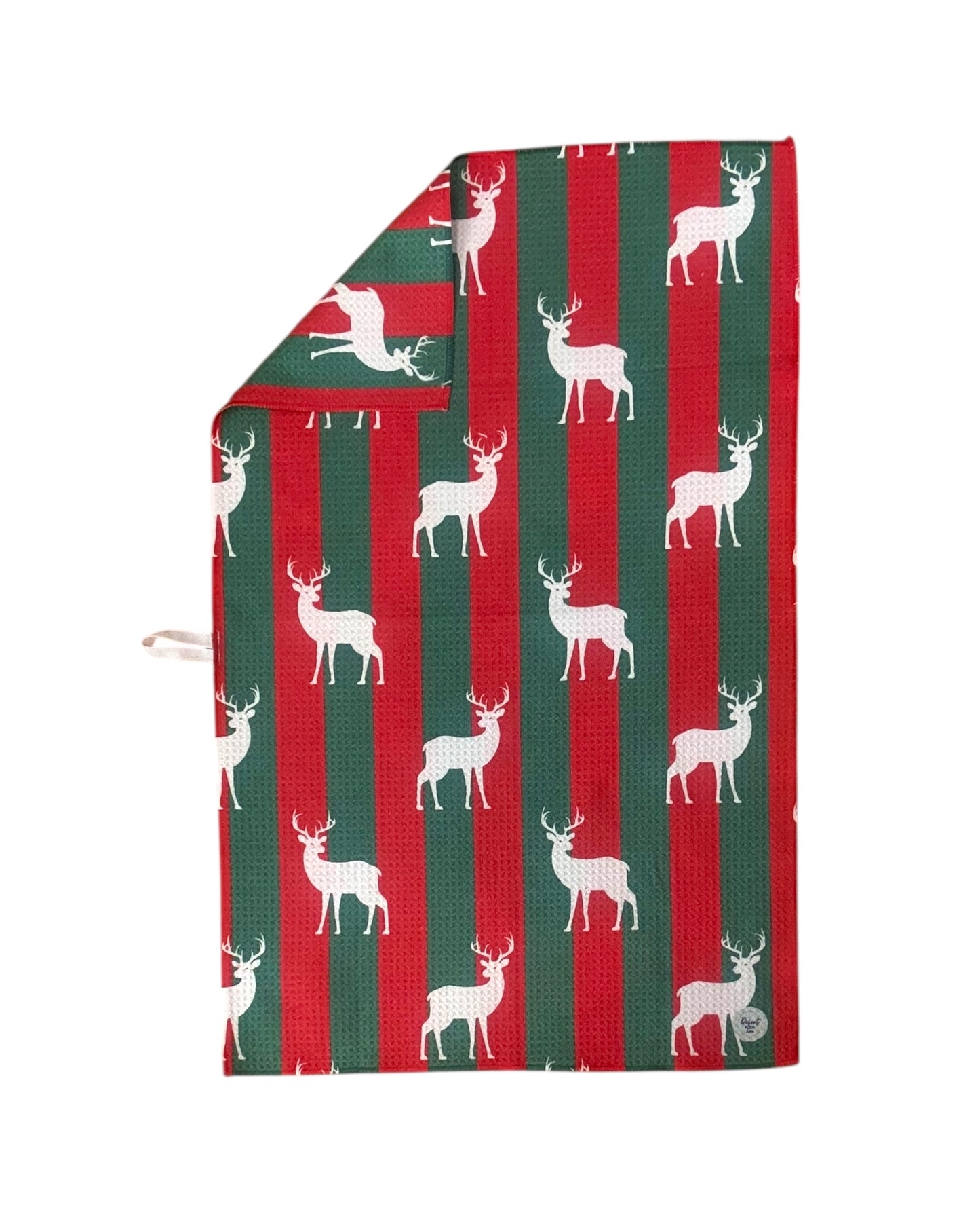 dish towel with deer pattern on a red and green striped background