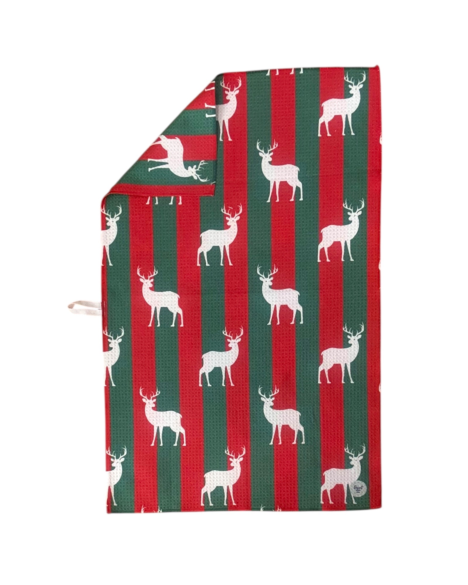 dish towel with deer pattern on a red and green striped background